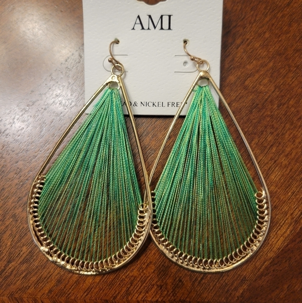 Womens Green & Gold thread earrings